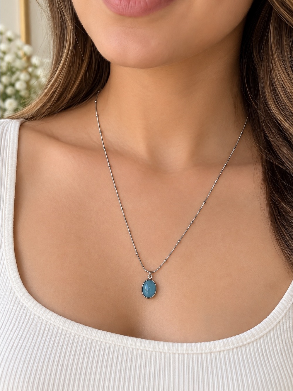 Silver Blue Oval Pendamt Necklace/ Minimalist Dainty Chain Necklace